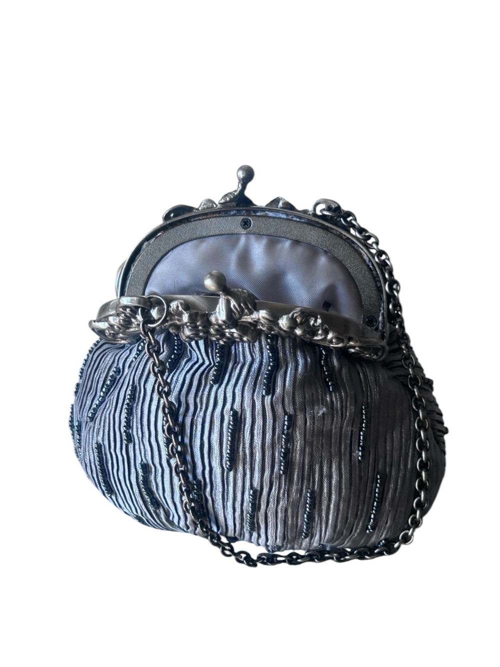 Vintage Elegant Beaded Handkerchief Grey Embellished Silver Silk Evening Bag - Picture 3 of 10